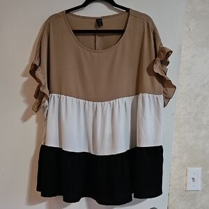Elegant Tan, White, and Black Ruffle Sleeve Blouse